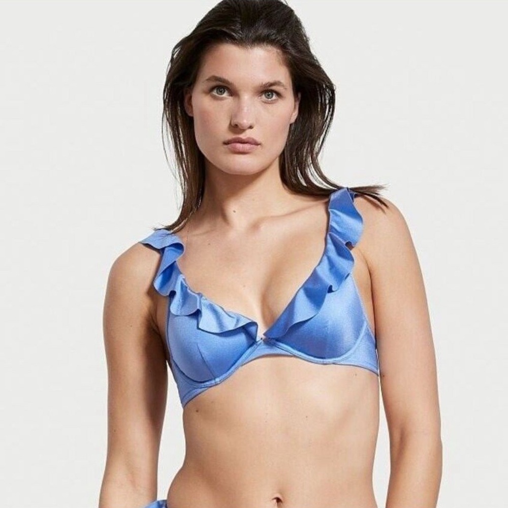 Victorias Secret Blue Ruffle Plunge Highwaist Bikini Swimsuit Set sz 34C & Large - Picture 5 of 14